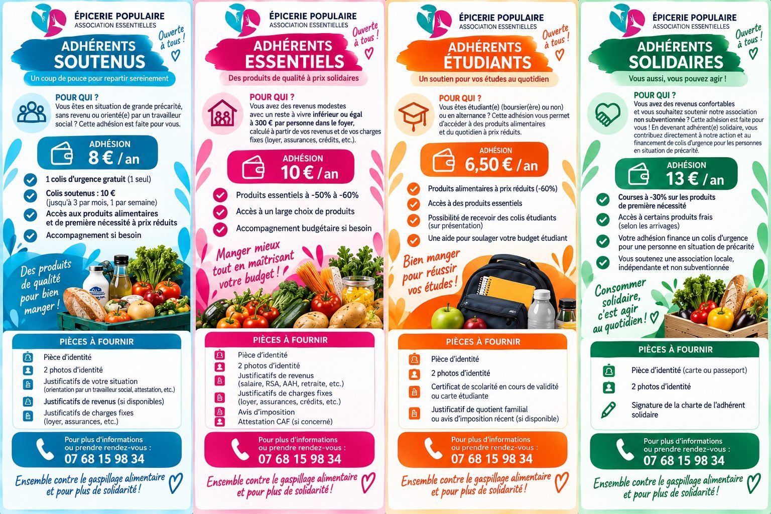 Les quatre flyers des adhésions : soutenus, essentiels, étudiants, solidaires